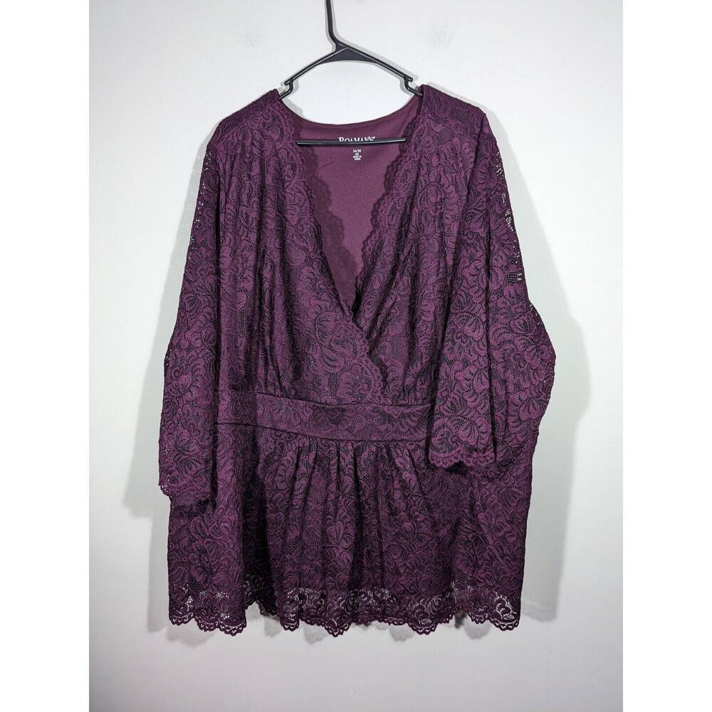 Roamans Top Women Plus 4X Burgundy Lace‎ Faux Wrap V-Neck Blouse
